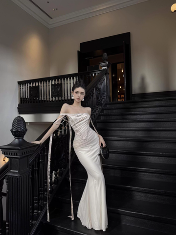 Apricot Gentle Mermaid Off the Shoulder Satin Prom Dress Evening Dress HZ1023